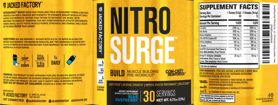 Official label of Jacked Factory NitroSurge Build Blue Raspberry (NIH DSLD #337389)