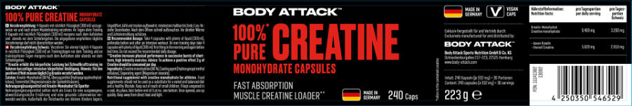Official label of Body Attack 100% Pure Creatine Monohydrate Capsules (NIH DSLD #337726)