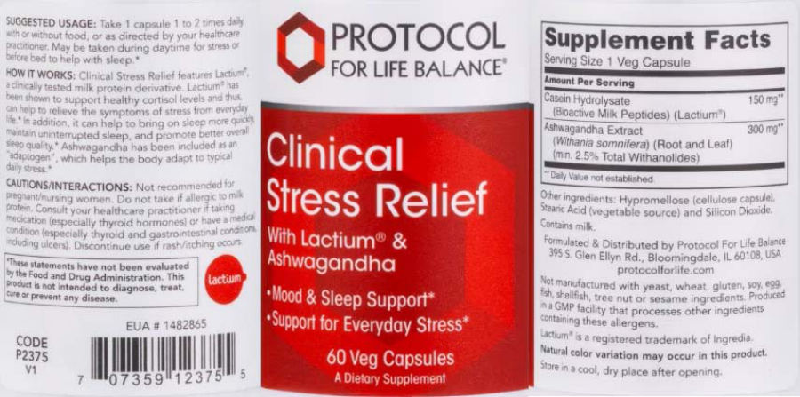 Official label of Protocol For Life Balance Clinical Stress Relief (NIH DSLD #337779)