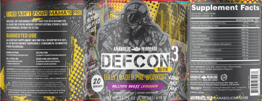 Official label of Anabolic Warfare DEFCON3 Mid-Stim Ballistic Berry Lemonade (NIH DSLD #337959)