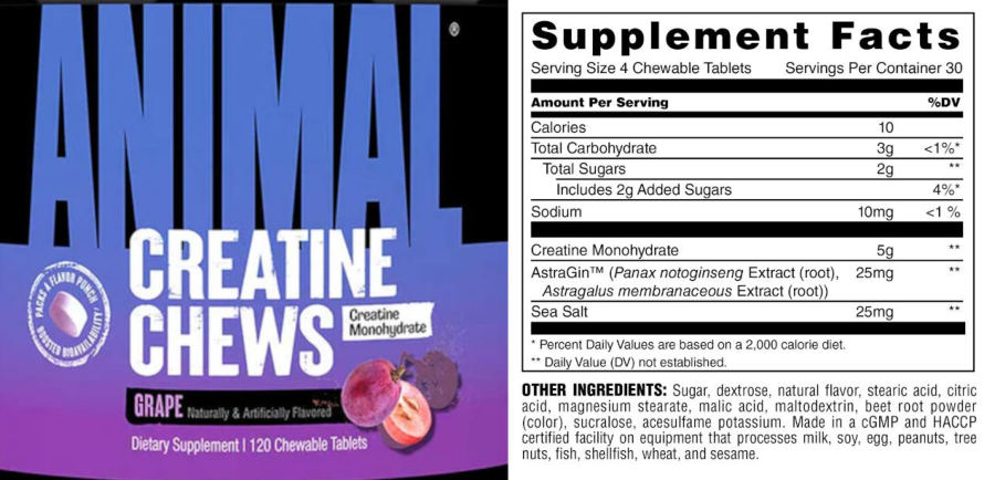 Official label of Animal Animal Creatine Chews Grape Flavor (NIH DSLD #339369)