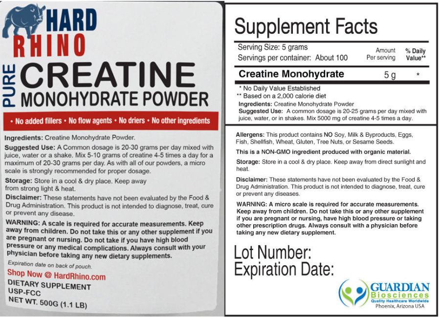 Official label of Hard Rhino Pure Creatine Monohydrate Powder (NIH DSLD #34291)