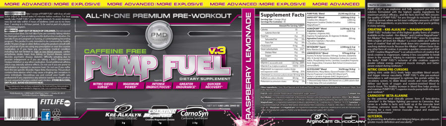 Official label of NDS Nutrition Products Caffeine Free Pump Fuel Raspberry Lemonade (NIH DSLD #35888)