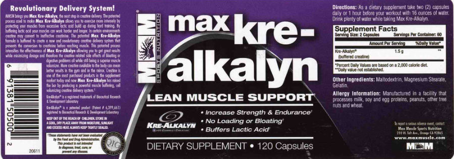 Official label of MM Sports Nutrition Max Kre-Alkalyn (NIH DSLD #36920)