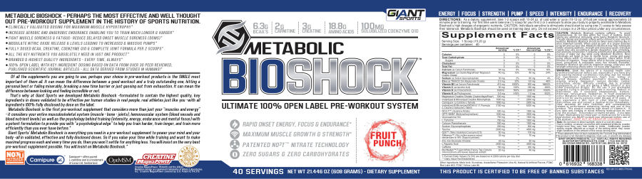 Official label of Giant Sports Metabolic Bioshock Fruit Punch (NIH DSLD #37778)