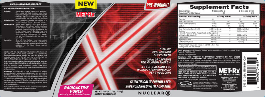 Official label of MET-Rx Nuclear X Radioactive Punch (NIH DSLD #38444)