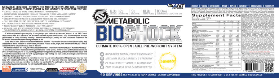 Official label of Giant Sports Metabolic Bioshock Lemonade (NIH DSLD #38498)