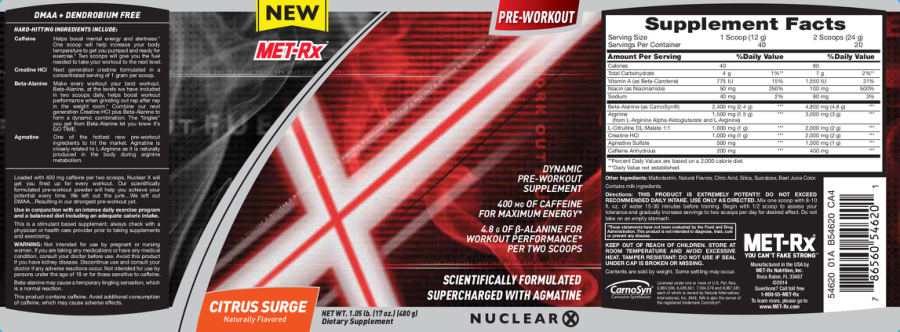 Official label of MET-Rx Nuclear X Citrus Surge (NIH DSLD #38580)