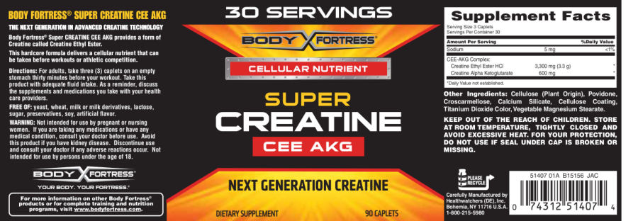 Official label of Body Fortress Super Creatine CEE AKG (NIH DSLD #40178)
