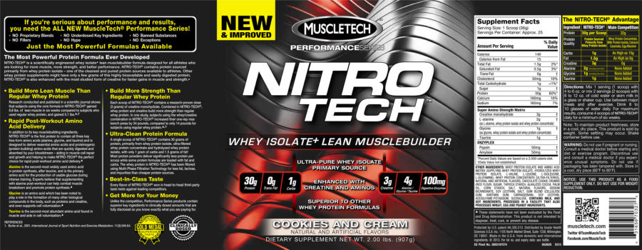 Official label of MuscleTech Performance Series Nitro Tech Cookies And Cream (NIH DSLD #41218)