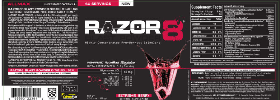 Official label of ALLMAX NUTRITION Razor 8 Extreme Berry (NIH DSLD #41578)