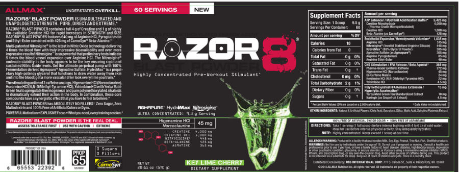 Official label of ALLMAX NUTRITION Razor 8 Key Lime Cherry (NIH DSLD #41585)