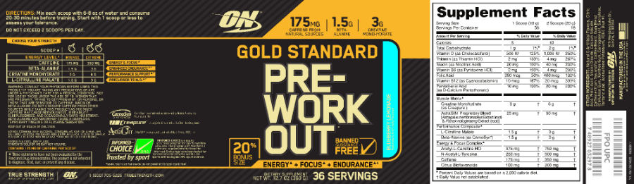 Official label of ON Optimum Nutrition Gold Standard Pre-Workout Blueberry Lemonade (NIH DSLD #42244)