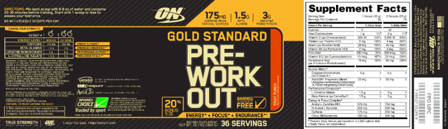 Official label of ON Optimum Nutrition Gold Standard Pre-Work Out Fruit Punch (NIH DSLD #42245)