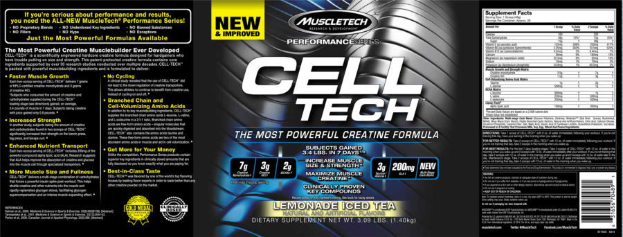 Official label of MuscleTech Performance Series Cell Tech Lemonade Iced Tea (NIH DSLD #42296)