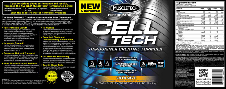 Official label of MuscleTech Performance Series Cell Tech Orange (NIH DSLD #42321)