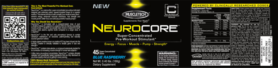 Official label of MuscleTech Neurocore Blue Raspberry (NIH DSLD #42644)