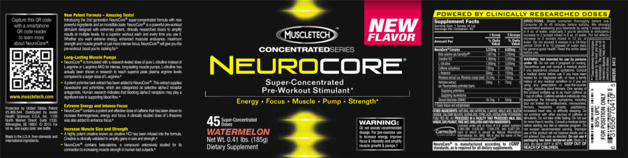 Official label of MuscleTech Concentrated Series Neurocore Watermelon (NIH DSLD #42685)