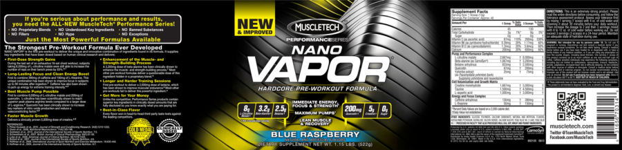 Official label of MuscleTech Performance Series Nano Vapor Blue Raspberry (NIH DSLD #42703)