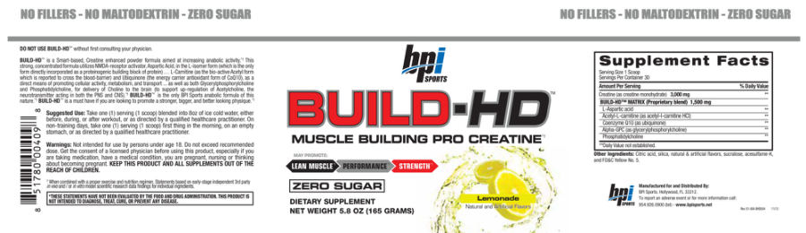 Official label of BPI Sports Build-HD Lemonade (NIH DSLD #43260)