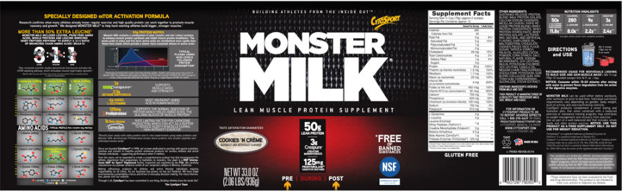 Official label of CytoSport Monster Milk Cookies 'N Creme (NIH DSLD #43882)
