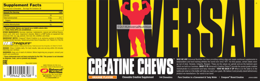 Official label of Universal Creatine Chews Orange Flavor (NIH DSLD #43962)