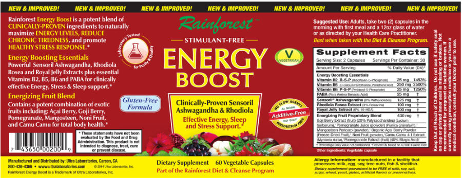 Official label of Rainforest Energy Boost (NIH DSLD #44007)