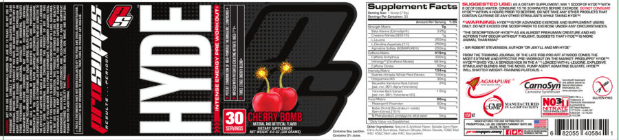Official label of PS ProSupps Hyde Cherry Bomb (NIH DSLD #47603)