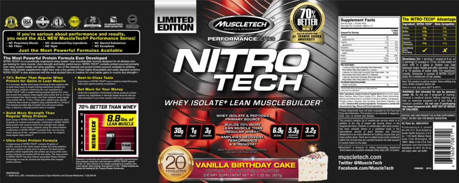 Official label of MuscleTech Performance Series Nitro Tech Vanilla Birthday Cake (NIH DSLD #48032)