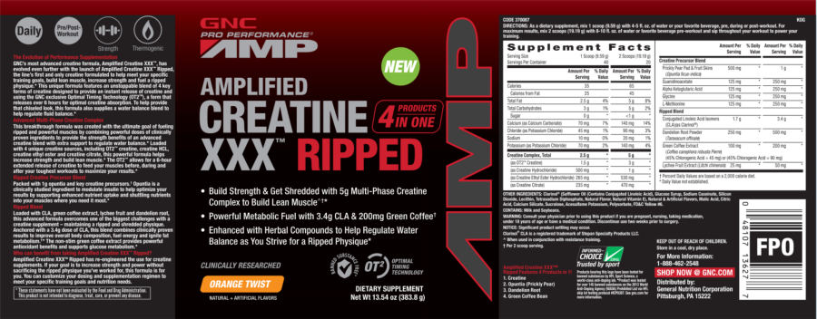 Official label of GNC Pro Performance AMP Amplified Creatine XXX Ripped Orange Twist (NIH DSLD #49626)