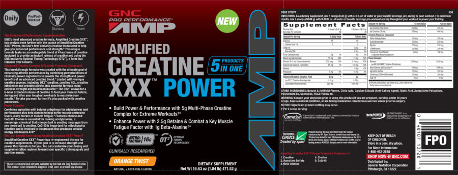 Official label of GNC Pro Performance AMP Amplified Creatine XXX Power Orange Twist (NIH DSLD #49630)
