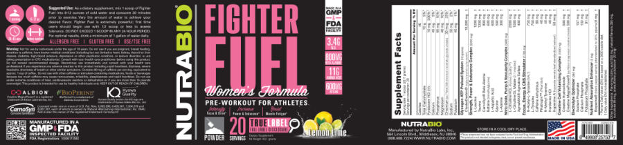 Official label of NutraBio Fighter Fuel Women's Formula Lemon Lime (NIH DSLD #51423)