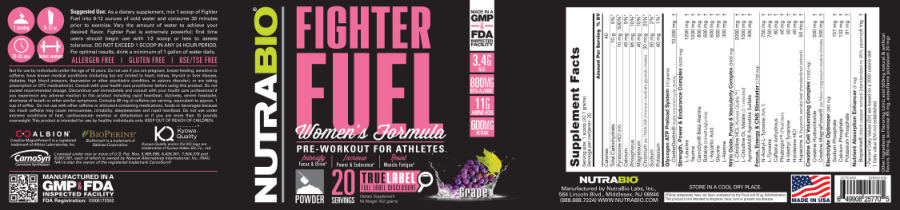 Official label of NutraBio Fighter Fuel Women's Formula Grape (NIH DSLD #51528)