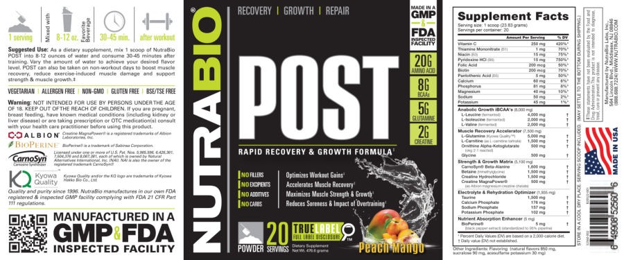 Official label of NutraBio Post Peach Mango (NIH DSLD #51666)