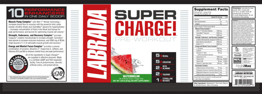 Official label of Labrada Super Charge! Watermelon (NIH DSLD #52978)