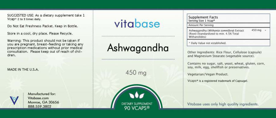 Official label of Vitabase Ashwagandha 450 mg (NIH DSLD #5488)