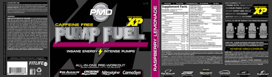 Official label of PMD Caffeine Free Pump Fuel Raspberry Lemonade (NIH DSLD #56940)