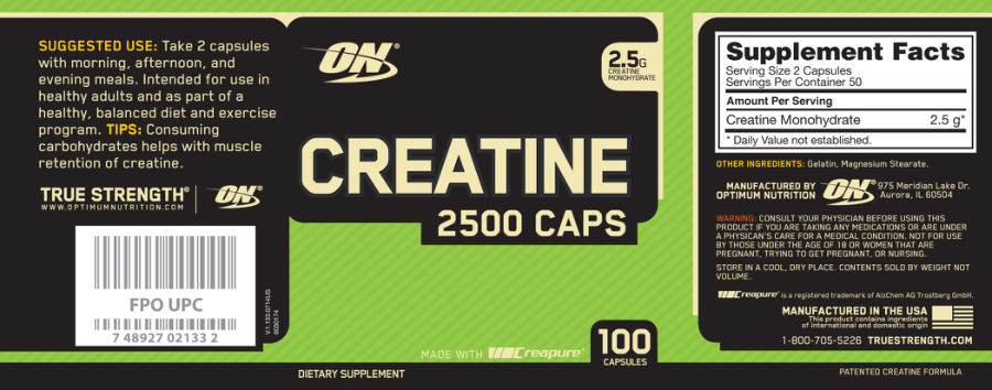 Official label of ON Optimum Nutrition Creatine 2500 Caps (NIH DSLD #57461)