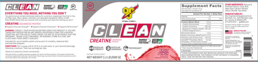 Official label of BSN Clean Creatine Fruit Punch (NIH DSLD #58289)