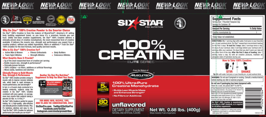 Official label of Six Star Pro Nutrition 100% Creatine Unflavored (NIH DSLD #58620)
