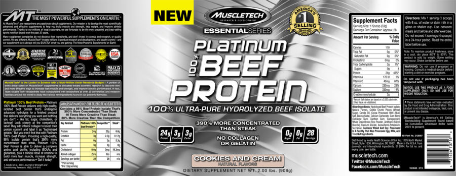Official label of MuscleTech Essential Series Platinum 100% Beef Protein Cookies And Cream (NIH DSLD #58830)