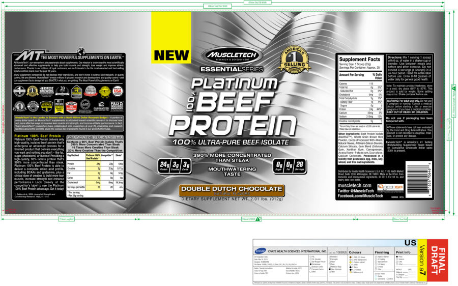 Official label of MuscleTech Essential Series Platinum 100% Beef Protein Double Dutch Chocolate (NIH DSLD #58831)