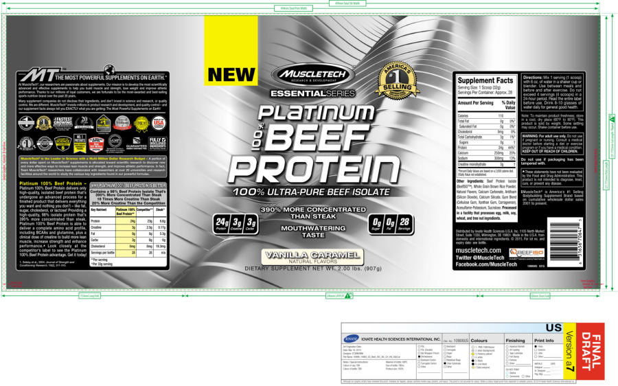 Official label of MuscleTech Essential Series Platinum 100% Beef Protein Vanilla Caramel (NIH DSLD #58832)