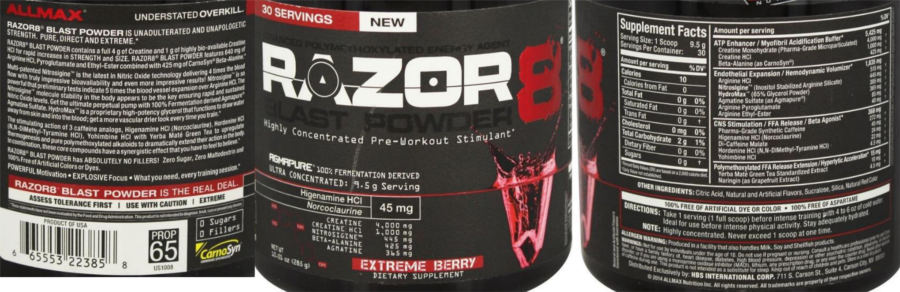Official label of ALLMAX NUTRITION Razor 8 Blast Powder Extreme Berry (NIH DSLD #62378)