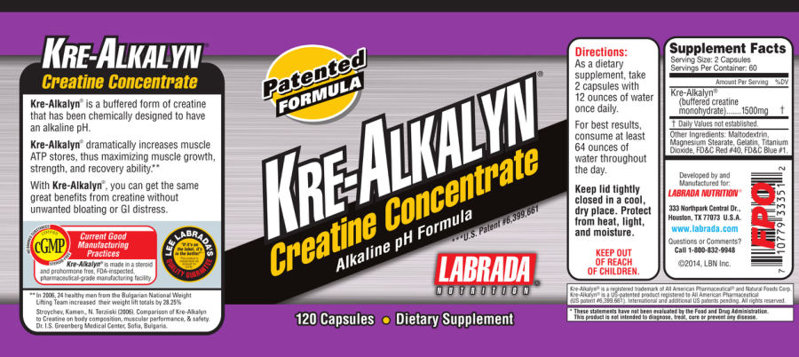 Official label of Labrada Nutrition Kre-Alkalyn Creatine Concentrate (NIH DSLD #62521)