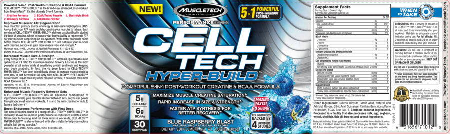 Official label of MuscleTech Performance Series Cell Tech Hyper-Build Blue Raspberry Blast (NIH DSLD #62553)