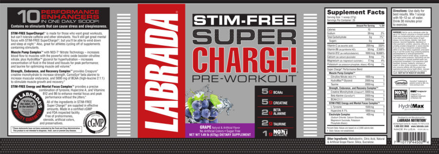 Official label of Labrada Stim-Free Super Charge! Grape (NIH DSLD #62712)