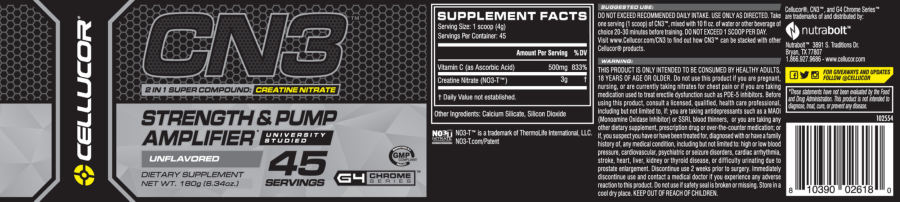 Official label of Cellucor CN3 2 In 1 Super Compound: Creatine Nitrate Unflavored (NIH DSLD #62855)