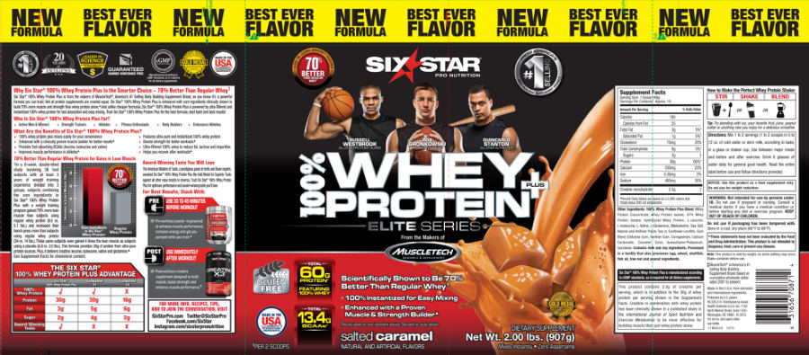 Official label of Six Star Pro Nutrition Whey Protein Plus Elite Series Salted Caramel (NIH DSLD #63062)