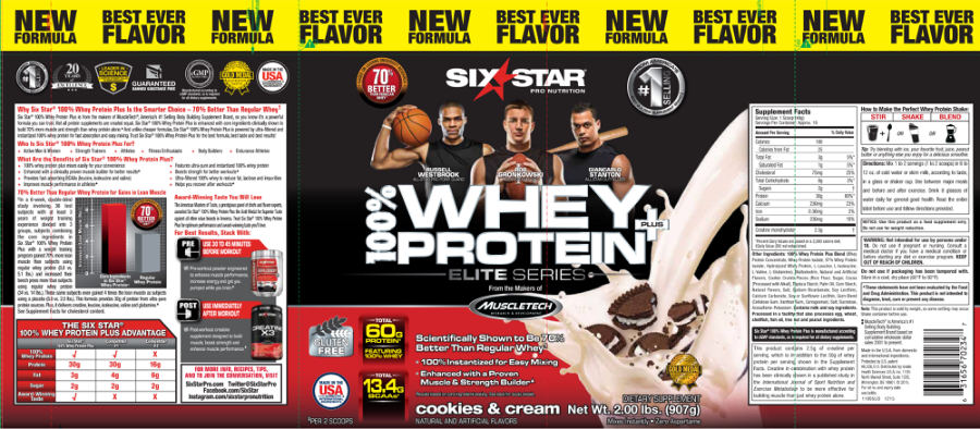 Official label of Six Star Pro Nutrition Whey Protein Plus Elite Series Cookies & Cream (NIH DSLD #63064)